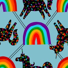 Summer cartoon animals print seamless lgbt rainbow and unicorn pattern for wrapping and fabrics and pride party