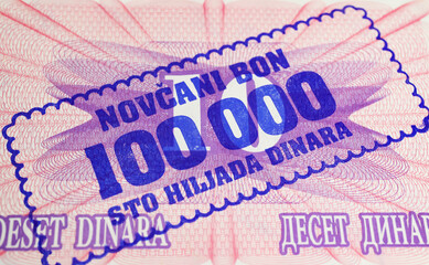 Bosnia and Herzegovina 100000 emergency issue bon banknote from 1993 (focus on center)