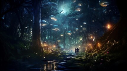 An enchanted forest bathed in the ethereal glow of moonlight, where ancient trees reach towards the star-studded sky and mystical creatures roam amidst shimmering foliage.
 - obrazy, fototapety, plakaty