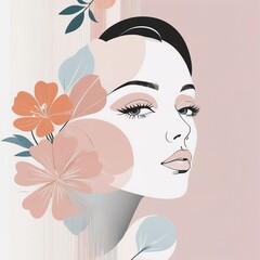 Abstract female face in one line. Woman face with flowers Surreal Line art female floral girl. Minimalism Abstract modern Continuous single line woman face portrait
