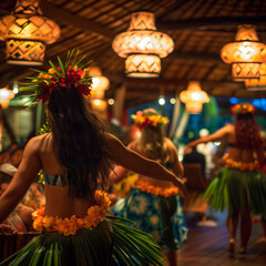 Traditional Hawaiian Luau Celebration with Dancers at Night