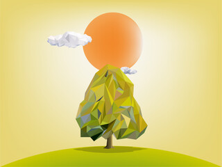 Abstract green tree polygon with sunset and white cloud background, nature landscape concept , growing business ideal