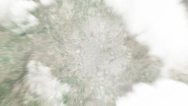 Earth zoom in from space to Aguascalientes, Mexico. Followed by zoom out through clouds and atmosphere into space. Satellite view. Travel intro. Images from NASA