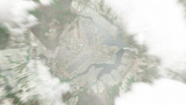 Earth zoom in from space to Brasilia, Brazil. Followed by zoom out through clouds and atmosphere into space. Satellite view. Travel intro. Images from NASA