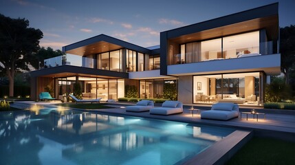 Obraz premium A sleek architectural masterpiece boasting a sun-drenched poolside retreat in a modern home setting. 
