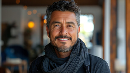 Happy confident Latin mid aged man portrait. Smiling mature 45 years male, standing in looking at camera.