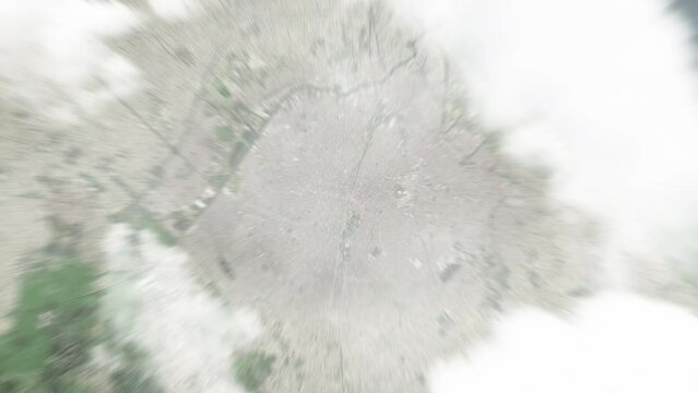 Earth zoom in from space to Lanus, Argentina. Followed by zoom out through clouds and atmosphere into space. Satellite view. Travel intro. Images from NASA