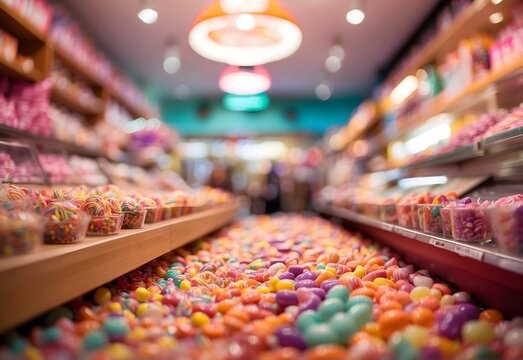 Blurred image of a colorful candy store, generative AI