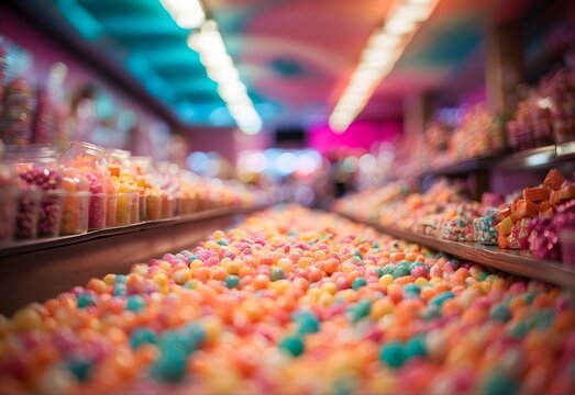 Blurred image of a colorful candy store, generative AI