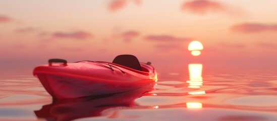 Red plastic kayak in calm water at sunset