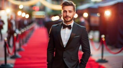 elegant handsome man in a suit on a red carpet surrounded by photographers - obrazy, fototapety, plakaty