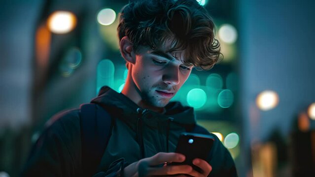 Pushing towards a gen-z Caucasian brunette teenage boy standing on a city street looking at his smart phone at night