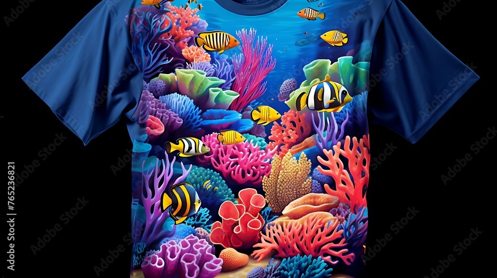 Wall mural A captivating and vibrant shirt print design showcasing the beauty of aquatic life, with intricate details of colorful fish, graceful sea turtles, and delicate coral formations