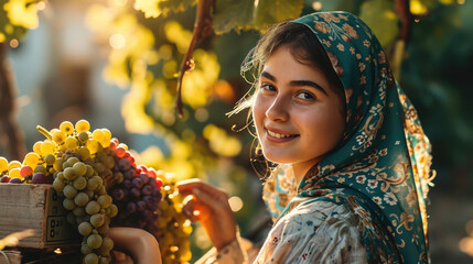 smiling Italian young woman in a headscarf holds a bunch of grapes in her hand, viticulture, wine, harvest, summer, garden, girl, portrait, winemaking, greens, emotional face - obrazy, fototapety, plakaty