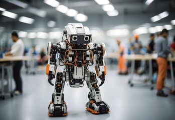 Blurred image of a high-tech robotics workshop, generative AI