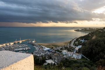 Seascape view of Sidi Bou Said, a picturesque town and popular tourist attraction situated in northern Tunisia, approximately 20 km northeast of the capital city, Tunis.