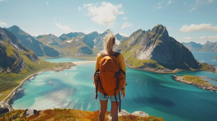 backpacker woman on the top of a mountain in Norway in high resolution and high quality HD