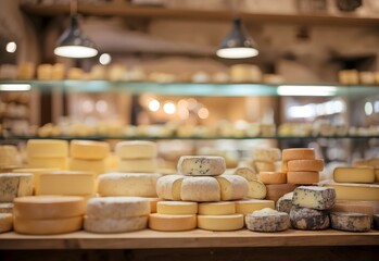 Blurred image of an artisanal cheese shop, generative AI