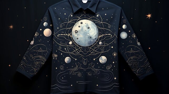 An enchanting and dreamlike shirt print showcasing the vast expanse of space, filled with twinkling stars and distant galaxies, against a backdrop of deep cosmic hues.

