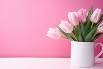 Delicate pink tulips arranged in a white mug on a soft pastel pink background, spring freshness. Pink Tulips in White Mug on Pastel Background