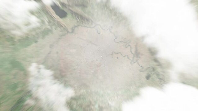 Earth zoom in from space to Juliaca, Peru. Followed by zoom out through clouds and atmosphere into space. Satellite view. Travel intro. Images from NASA