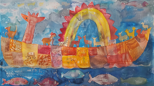 Noah's Ark in the Great Flood. Watercolor Painting. Biblical Illustration