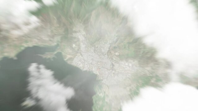 Earth zoom in from space to Maracay, Venezuela. Followed by zoom out through clouds and atmosphere into space. Satellite view. Travel intro. Images from NASA