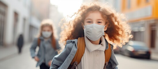 An Arab girl, wearing a protective mask, strolling on a city street while carrying a backpack - obrazy, fototapety, plakaty