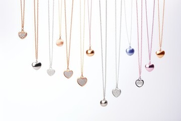 An elegant array of heart-shaped pendants on delicate chains, a perfect imagery for gift ideas and love tokens. Assortment of Heart Pendants on Chains