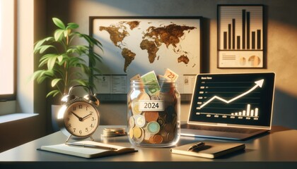 Desk with growth graph laptop and jar labeled '2024 Goals'.  Laptop shows growth, next to a money jar, in bright office.