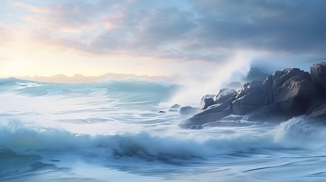 An enchanting blurred background capturing the rhythmic movement of water waves in a serene and mesmerizing display of nature's beauty.
