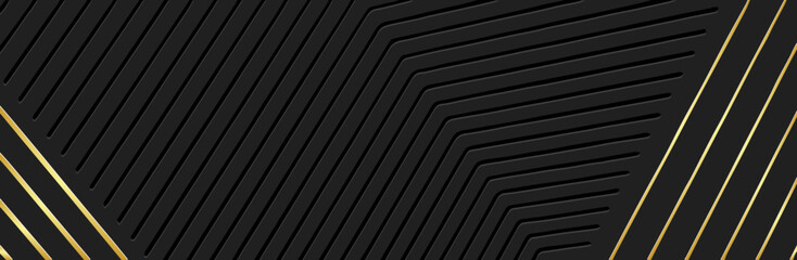 Obraz premium Banner. Relief geometric creative 3D pattern of gold lines, stripes on a black background. Stylish minimalist cover design. Place for text and advertising.
