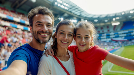 famille de supporters français dans un stade avec T-shirt bleu, blanc et rouge