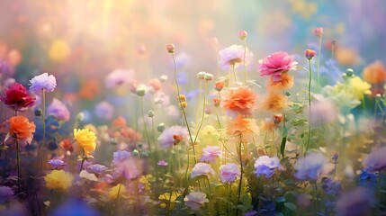 An enchanting blurred background adorned with a vibrant tapestry of colorful flowers, creating a dreamlike atmosphere.
