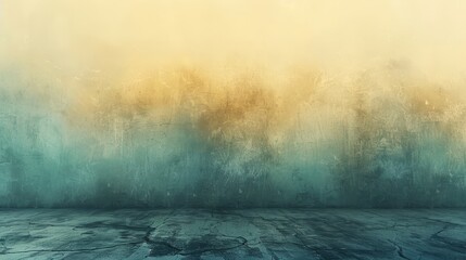 There is a yellow to blue gradient in the fog, mist, and clouds. The image has a textured paper overlay and grain pattern visible at 100%.