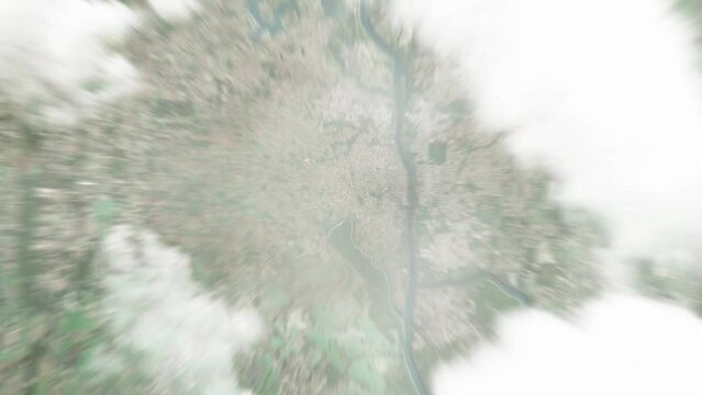 Earth zoom in from space to Presidente Franco, Paraguay. Followed by zoom out through clouds and atmosphere into space. Satellite view. Travel intro. Images from NASA