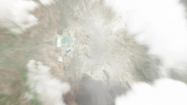 Earth zoom in from space to Oruro, Bolivia. Followed by zoom out through clouds and atmosphere into space. Satellite view. Travel intro. Images from NASA