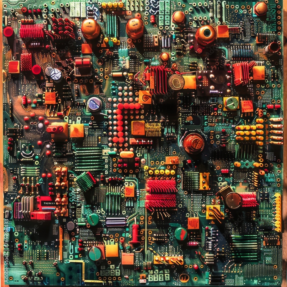 Poster an abstract close-up of a densely packed circuit board with various electronic components and vibran