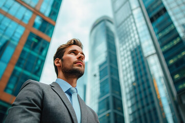 A successful businessman in a suit looking ahead among the skyscrapers, planning new projects, low angle shot, concept of a successful future. Copy space for text
