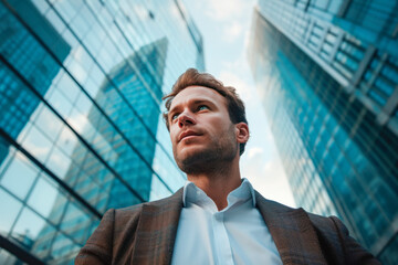 Confident Caucasian business executive stands among skyscrapers, looks and plans about future success in business, thinks about new goals, business vision and leadership concept, copy space