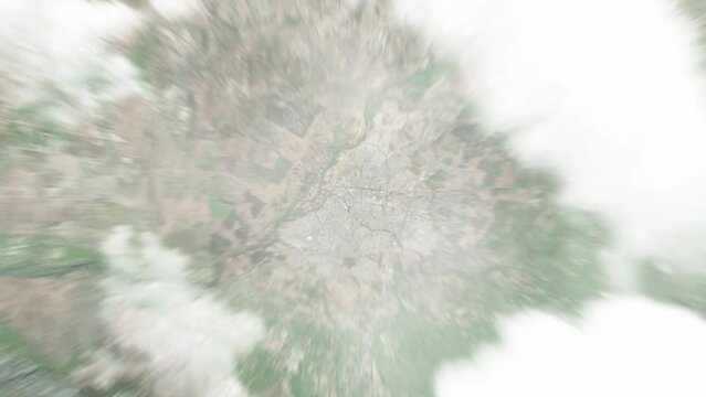 Earth zoom in from space to Talca, Chile. Followed by zoom out through clouds and atmosphere into space. Satellite view. Travel intro. Images from NASA