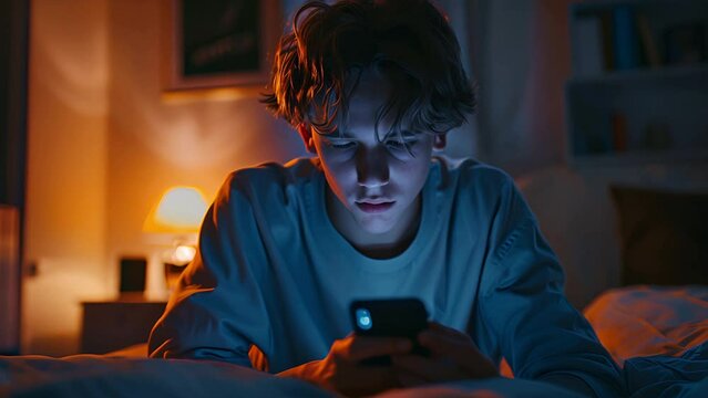 Pushing towards a gen-z Caucasian brunette teenage boy sitting on his couch looking at his smart phone