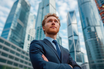 A successful businessman in a suit with his arms crossed on his chest, looking ahead among the skyscrapers, planning new projects, low angle shot, concept of a successful future. Copy space for text
