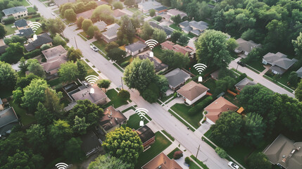 An aerial shot of a suburban neighborhood with Wi-Fi symbols superimposed on rooftops, illustrating the widespread adoption of remote work technology - obrazy, fototapety, plakaty