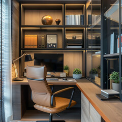 An aesthetically pleasing shot of a stylishly decorated home office space with modern technology seamlessly integrated into the decor