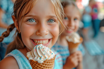 Two Caucasian smiling little girls eating ice cream in a waffle cone, close-up. Happy childhood concept, summer mood