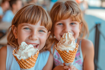 Two Caucasian smiling little girls eating ice cream in a waffle cone, close-up. Happy childhood concept, summer mood