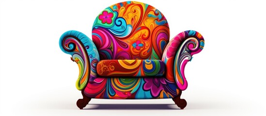 A vibrant magenta chair with a unique pattern, reminiscent of a painting, against a clean white...
