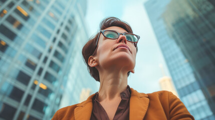 A business mature woman, a leader in a modern suit, looks into the distance, planning new projects, against the backdrop of skyscrapers. Low angle shot, copy space