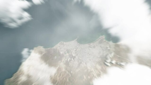 Earth zoom in from space to Manta, Ecuador. Followed by zoom out through clouds and atmosphere into space. Satellite view. Travel intro. Images from NASA